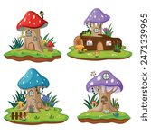 Fairytale mushroom houses, forest fairy home in plants and berries, Cute fantasy houses gnomes isolated vector illustration collection