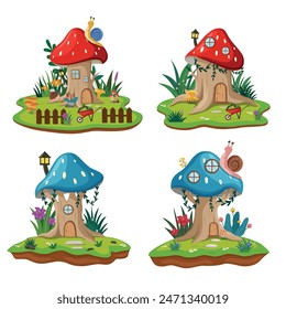 Fairytale mushroom houses, forest fairy home in plants and berries, Cute fantasy houses gnomes isolated vector illustration collection