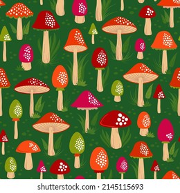 Fairytale mushrooms world vector background. Seamless pattern with fungi.