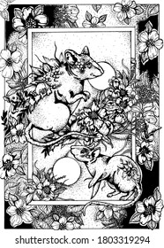 Fairytale mystical animals, dark creatures, magic mouse or rats covered in scales and plants, with long tails, on the background of moons, flowers and leaves. Coloring, postcard, in frame.