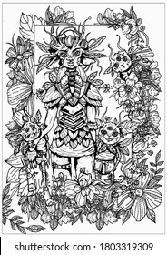 Fairytale mystical characters, magic dark creatures, Princess of beetles with large ears, horns and leaves on her head, in dress and armor, in a flower garden with cute mischievous little bugs.