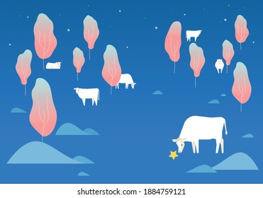 Fairytale night background. A forest with pink trees and white cows. flat design style minimal vector illustration.