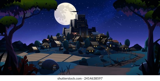 Fairytale night panorama with castle, village, scarecrow, trees, bushes, mountain range, road and grain fields. Vector cartoon illustration. The illustration is well structured by levels.