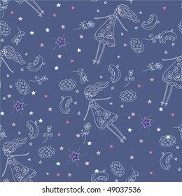 Fairytale night seamless pattern with flying girl