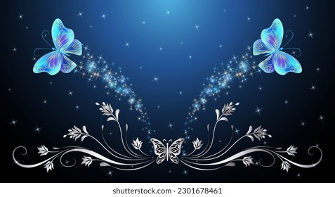 Fairytale night sky with magical blue butterflies and floral ornament and stars. Fantasy sparkle background.