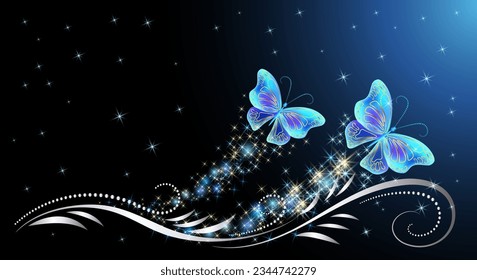 Cielo nocturno de cuento de hadas con mágicas mariposas azules, adornos florales y estrellas. La fantasía brilla de fondo.