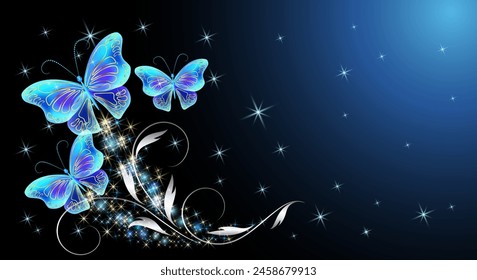 Fairytale night sky with magical blue butterflies and floral ornament and stars. Fantasy sparkle background.