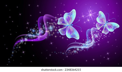 Fairytale night sky with magical butterflies with sparkling trail and glowing stars. Fantasy sparkle violet background.