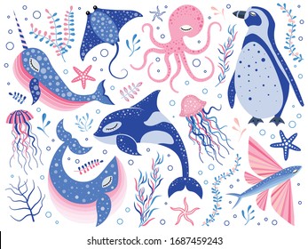 Fairytale northern ocean animals set with narwhal, stingray, jellyfish, starfish, octopus, penguin, whale, killer whale and flying fish. Cute arctic marine creatures and underwater plant collection.