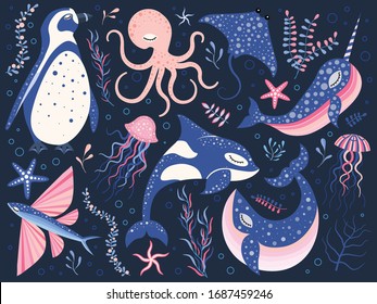 Fairytale northern ocean animals set with narwhal, stingray, jellyfish, starfish, octopus, penguin, whale, killer whale and flying fish. Cute arctic marine creatures and underwater plant collection.