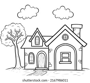 Fairytale Old House Coloring Page Illustration Stock Vector (Royalty ...