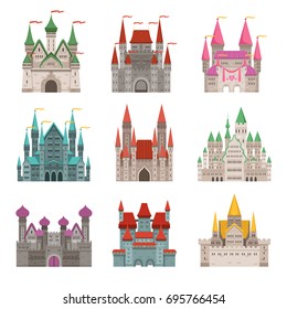 Fairytale old medieval castles or palaces with towers. Vector pictures in cartoon style