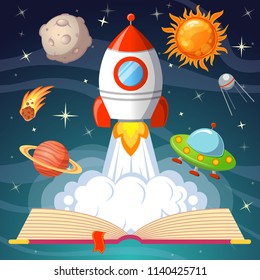 Fairytale open book with spaceship, sun, moon, saturn, UFO, comet