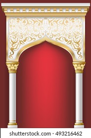 Fairytale Oriental, Indian or Arabian arch, background for cover, invitation cards. Vector graphics