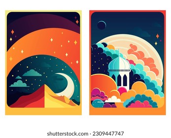 Fairytale Oriental scene with fabulous decor. Vector illustration in paper cut style with Arabic tower, dunes, crescent, night sky with clouds. Can be used for greeting card, poster, flyer design