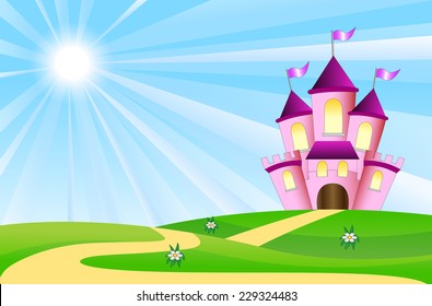 fairy-tale palace on a green lawn, vector illustration