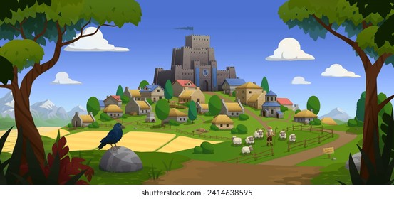 Fairytale panorama with castle, village, sheeps, shepherd, bird, green trees, bushes, mountain range, road and grain fields. Vector cartoon illustration. The illustration is well structured by levels.