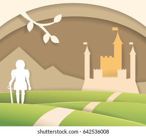Fairytale paper castle. Isolated art. Vector. Cartoon. Flat. Knight, mountain, road. Illustration for children's books.