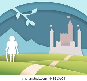 Fairytale paper castle. Isolated art. Vector. Cartoon. Flat. Knight, mountain, road. Illustration for children's books.