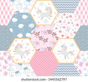 Fairytale patchwork seamless pattern with cute unicorns, clouds with stars, flowers and ornamental patches. Print for baby fabric.