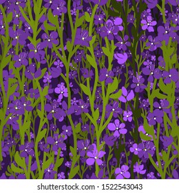 Fairytale pattern design with rising forget-me-nots. Night Meadow floral vector seamless pattern. Lots of small   purple forget-me-flowers, green stalks on black background.  