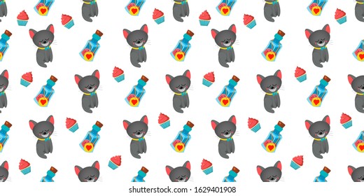Fairytale pattern seamless. Alice in Wonderland. Through the looking glass. Cheshire cat and a bottle of magic potion. Vector illustration. Children's pattern