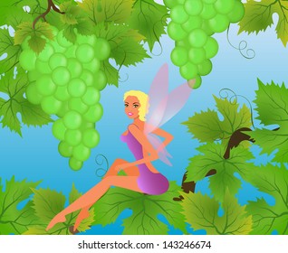 Fairytale picture - a little fairy and grapes 