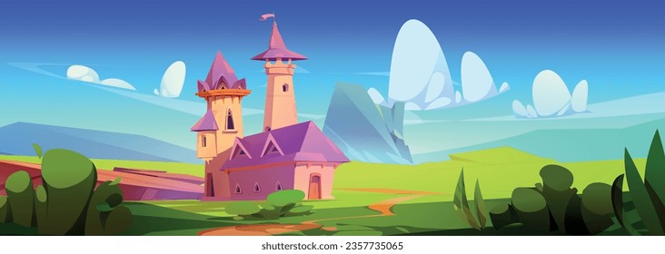 Fairytale rosa Burg auf grüner Sommerlandschaft. Vektorgrafik-Illustration des mittelalterlichen Königspalastes mit Fahne auf einem Steinturm, Fantasy-Wiese mit Rasen und Felsstein, Wolken am blauen Himmel