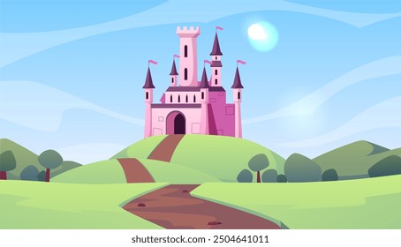 Un castillo rosa de cuento de hadas para una princesa en un valle verde, rodeado de montañas bajo un cielo azul. Fantástico reino medieval. Paisaje. Antecedentes de juego. Ilustración vectorial.