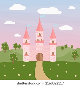 Fairytale pink castle for the princess, on a green meadow.