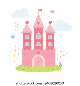 Fairytale pink castle for the princess with stars, flower, clouds, heart, butterfly. Fantastic fairy house or magic palace. Children's theme. Vector illustration in cartoon style isolated on a white