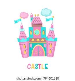 Fairytale pink castle. Vector illustration. Isolated on a white background.