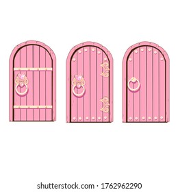 Fairytale pink door of a beautiful princess. Antique door with forged decorations. Cartoon style. Vector illustration isolated on a white background.