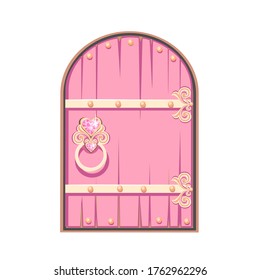 Fairytale pink door of a beautiful princess. Antique door with forged decorations. Cartoon style. Vector illustration isolated on a white background.