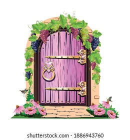 Fairytale pink door of a beautiful princess. Antique door with forged decorations. Cartoon style. Vector illustration isolated on a white background.