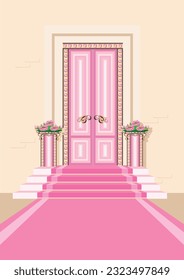 Puerta rosa de cuento de hadas de una hermosa princesa. Puerta con joyas. Elementos de la arquitectura de los cuentos de hadas. Interior del castillo Princesa. Estilo de caricatura. Ilustración vectorial.