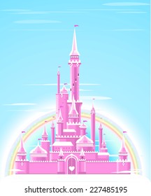 Fairy-tale Pink Sparkly Palace Castle Fortress with Rainbow and flag vector illustration.