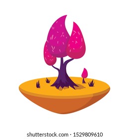 Fairytale pink tree on the orange soil isolated on white background. Fantasy plant nature landscape elements, Funny colorful magic tree. Forest with cartoon treetops. Vector illustration