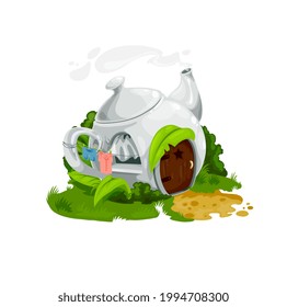 Fairytale porcelain teapot house, vector fantasy building, home for gnome, fairy or elf with steaming nozzle, curtained window, drying clothes on rope. Cartoon ceramics kettle with wood door on field