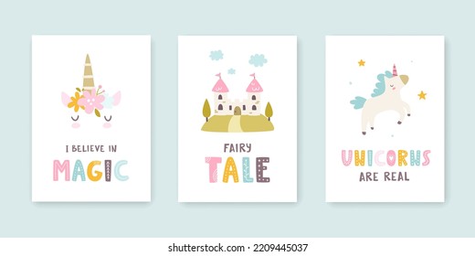 Fairytale poster set with castle and unicorn. Fantasy prints collection for baby girl nursery wall art.