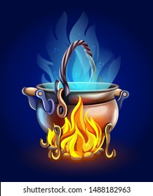 Fairy-tale pot with magic of witch potion cooking at bonfire with burning fire. Blue steam. Eps10 vector illustration.