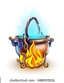 Fairy-tale pot with magic of witch potion cooking at bonfire with burning fire. Blue steam. Isolated on white transparent background. Eps10 vector illustration.
