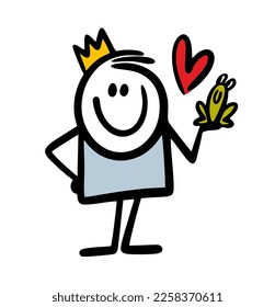 A fairy-tale prince boy with a golden crown holds a frog in his hand and confesses his love to her. Vector illustration of an actor in  play about animals.