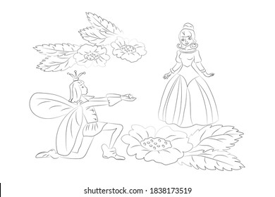 a fairy-tale Prince offers his heart to a Princess.vector sketch.black and white.antistress coloring book.
