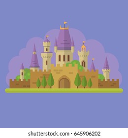 Fairytale princess castle flat illustration