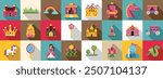 Fairytale princess castle icons set. This whimsical icon set features various elements related to fairytales, including princesses, castles, and magical creatures, all rendered in a colorful