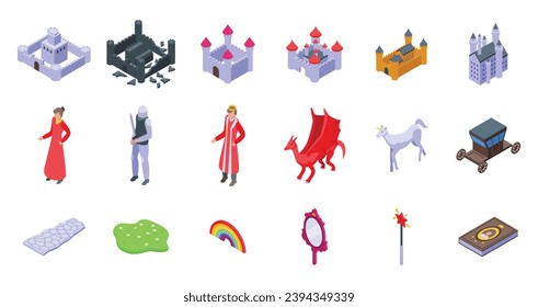 Fairytale princess castle icons set isometric vector. Middle age magic. Rainbow unicorn