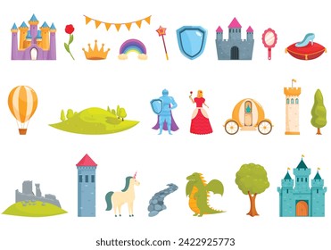 Fairytale princess castle icons set cartoon vector. Fairy monument. Magic age