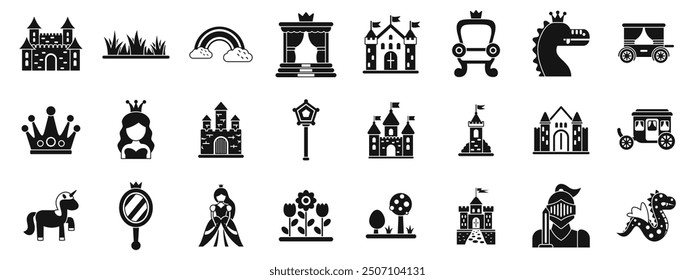 Fairytale princess castle icons set. This set of icons is representing a fairy tale kingdom with castles, a princess, a knight and magical creatures