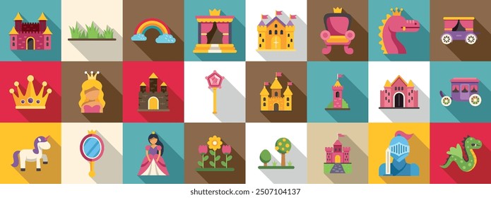 Fairytale princess castle icons set. This whimsical icon set features various elements related to fairytales, including princesses, castles, and magical creatures, all rendered in a colorful